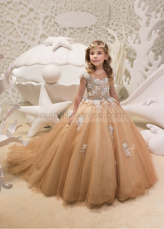 Gold Lace Tulle Beaded Sparkly Flower Girl Dress Party Dress